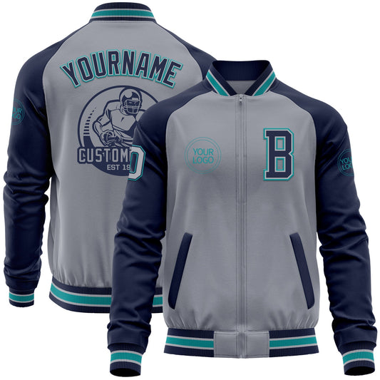 Custom Gray Navy-Teal Varsity Letterman Two Tone Zipper Jacket - Main View