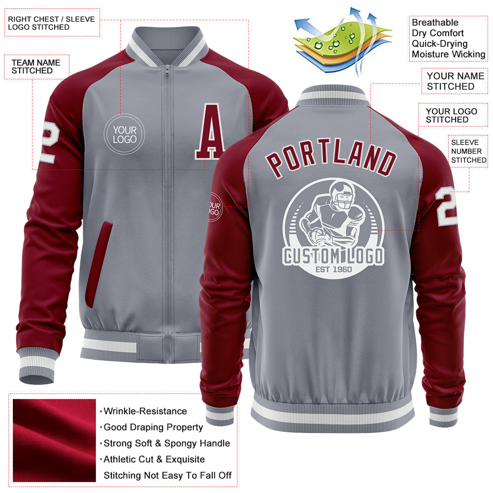 Custom Gray White-Crimson Varsity Letterman Two Tone Zipper Jacket view 4
