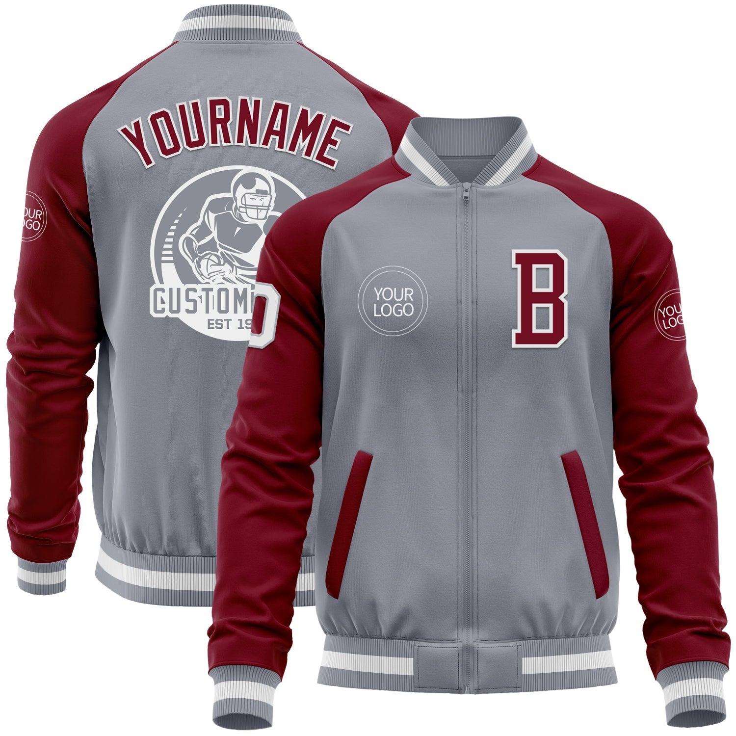 Custom Gray White-Crimson Varsity Letterman Two Tone Zipper Jacket - Main View