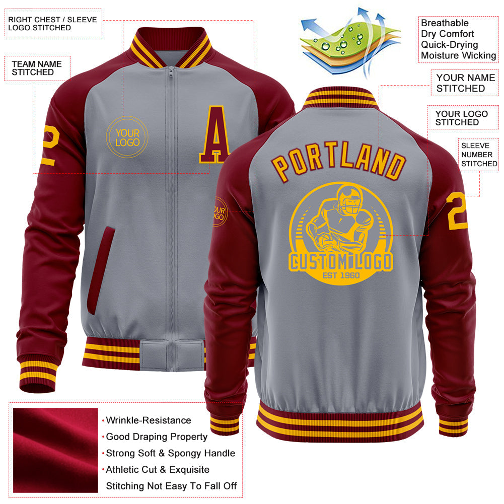 Custom Gray Gold-Crimson Varsity Letterman Two Tone Zipper Jacket view 4