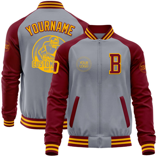 Custom Gray Gold-Crimson Varsity Letterman Two Tone Zipper Jacket - Main View