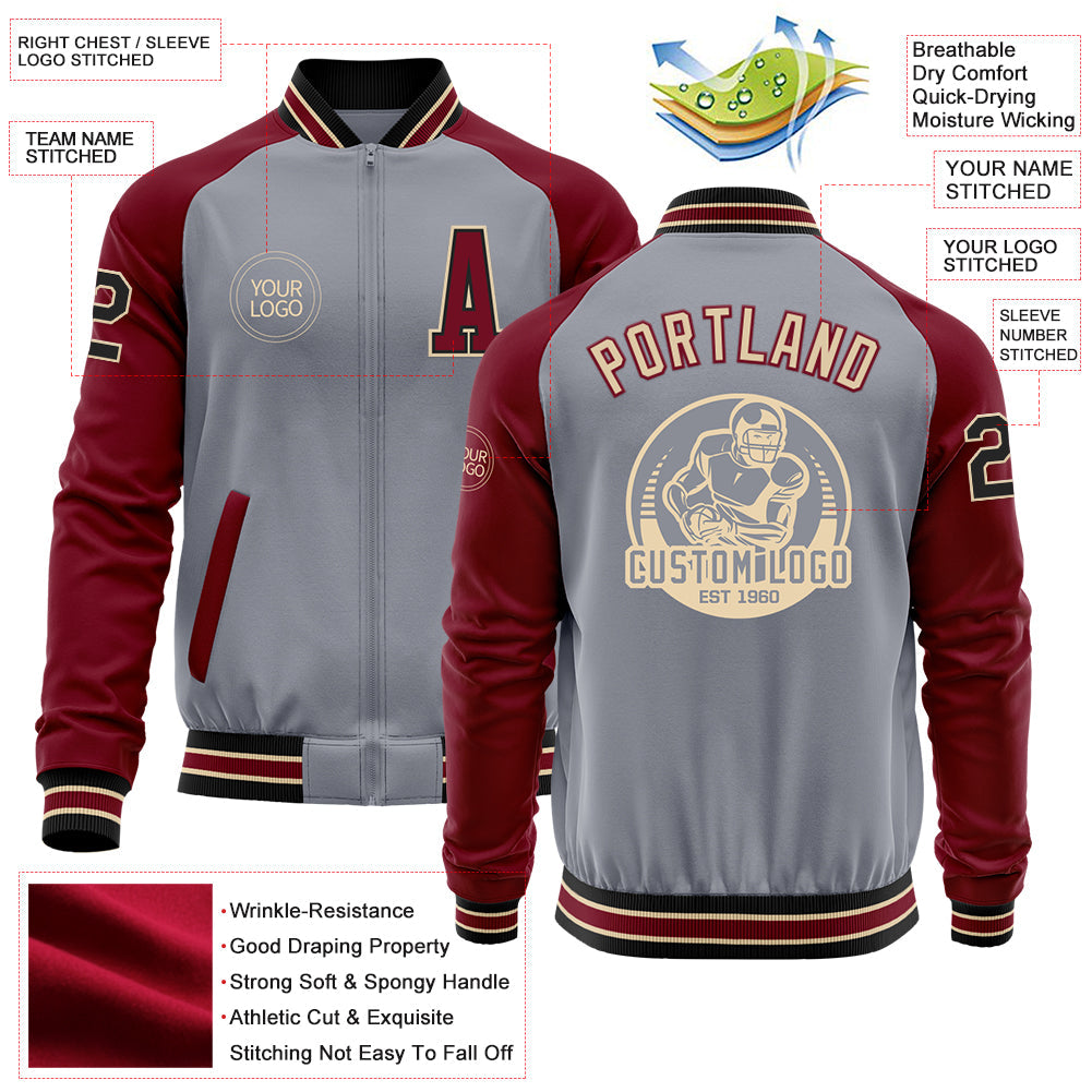 Custom Gray Black City Cream-Crimson Varsity Letterman Two Tone Zipper Jacket view 4