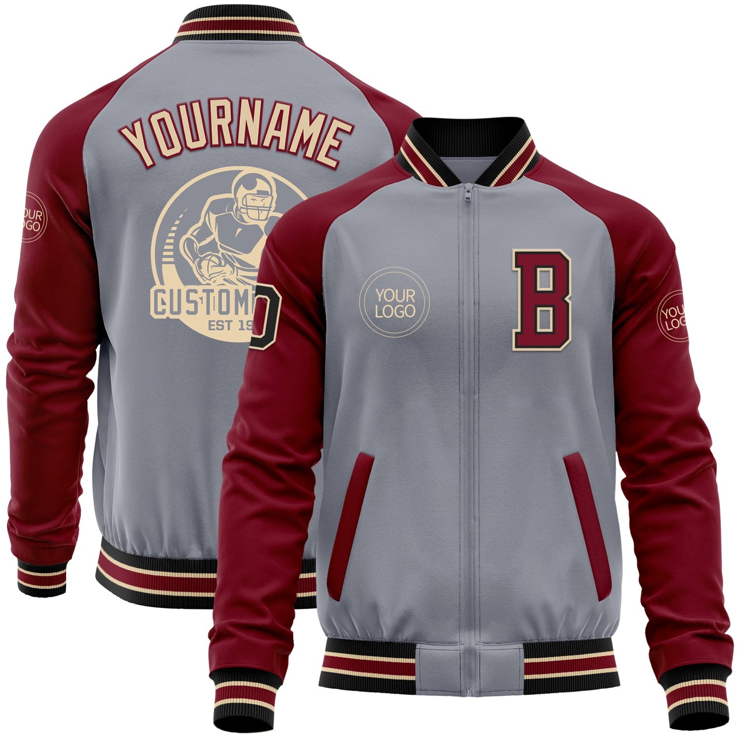 Custom Gray Black City Cream-Crimson Varsity Letterman Two Tone Zipper Jacket - Main View