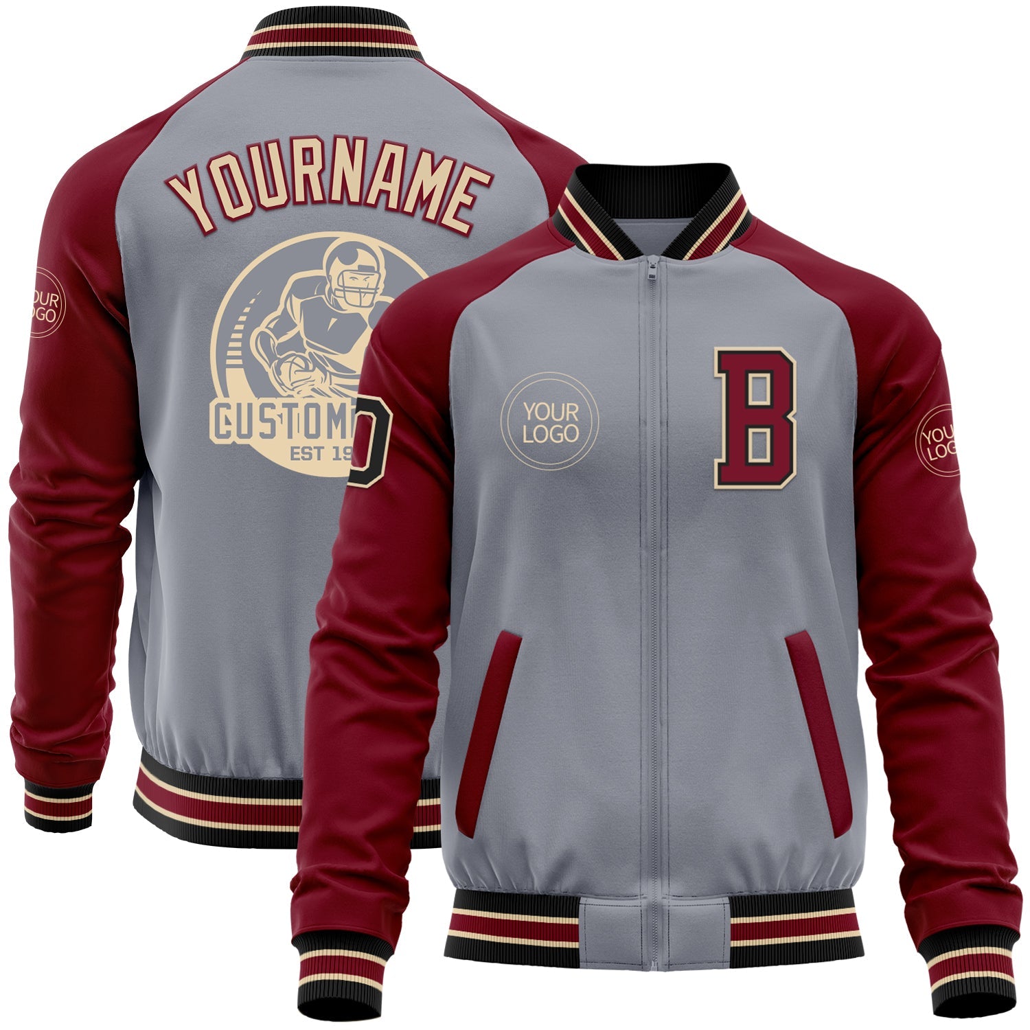 Custom Gray Black City Cream-Crimson Varsity Letterman Two Tone Zipper Jacket - Main View