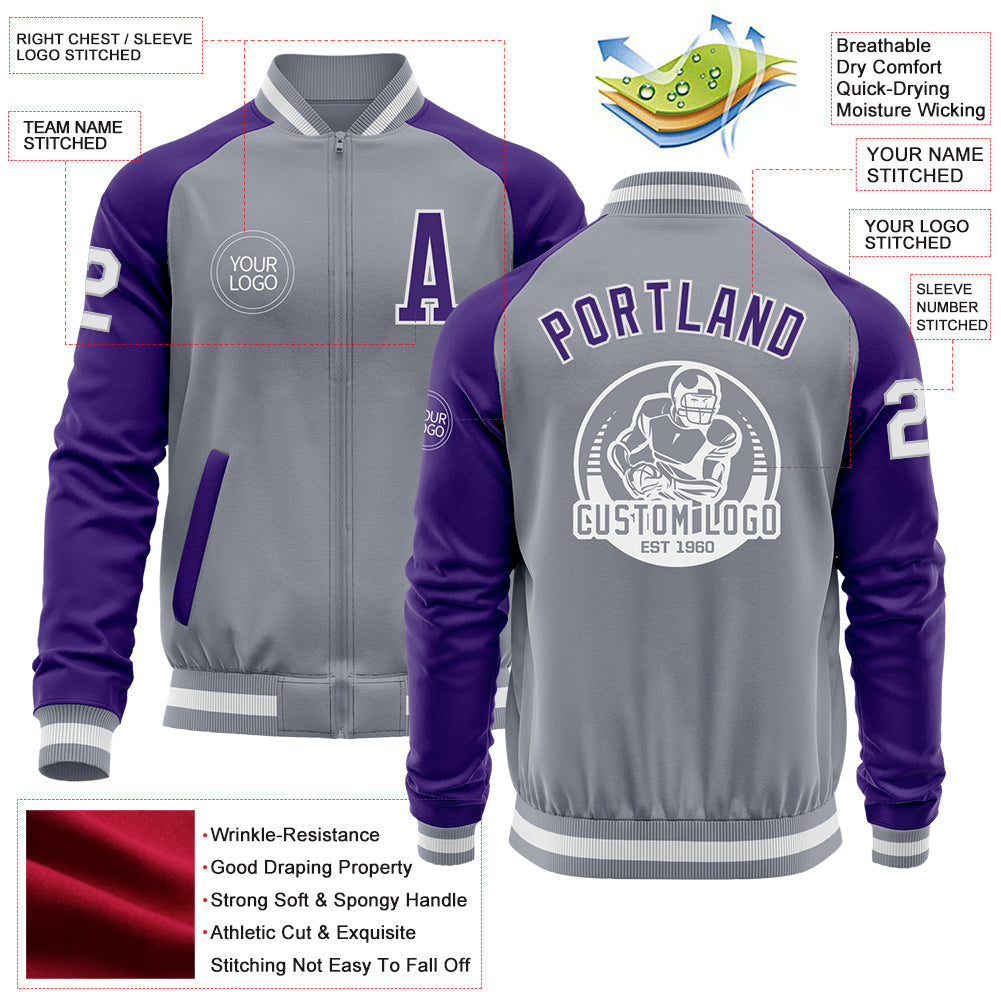 Custom Gray White-Purple Varsity Letterman Two Tone Zipper Jacket view 4