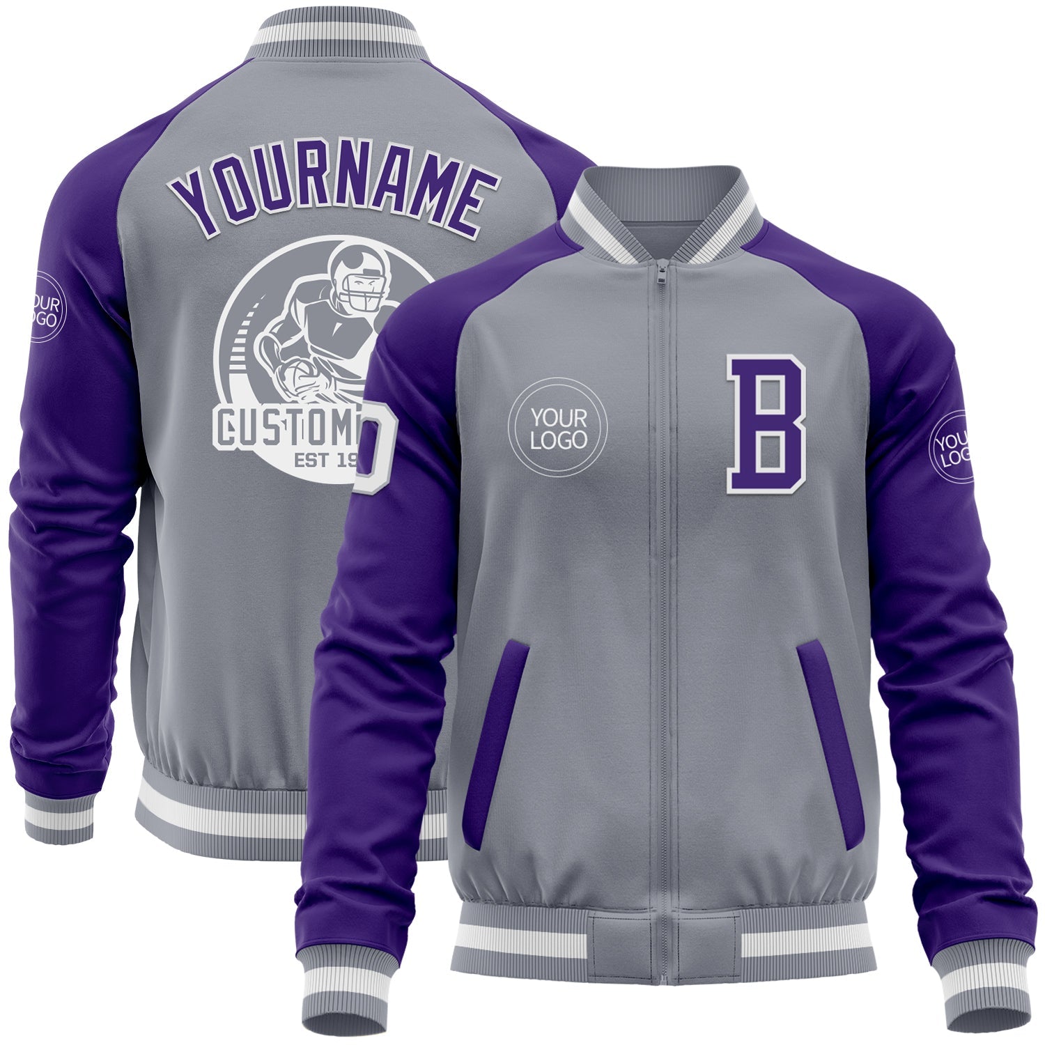 Custom Gray White-Purple Varsity Letterman Two Tone Zipper Jacket - Main View