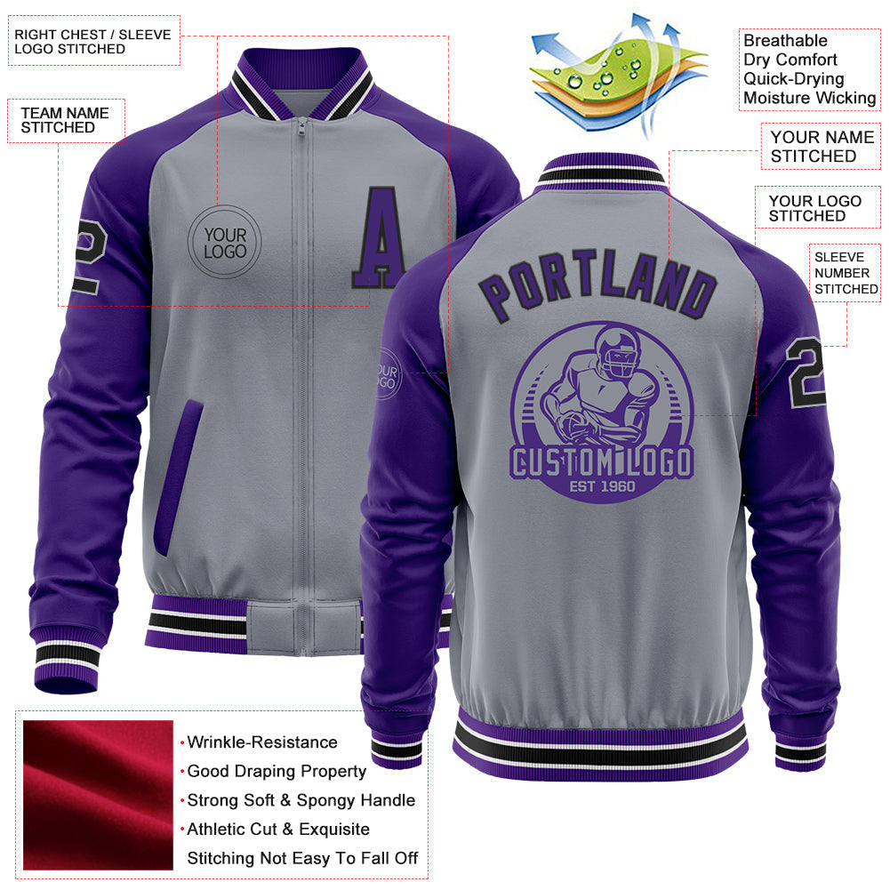 Custom Gray Black-Purple Varsity Letterman Two Tone Zipper Jacket view 4
