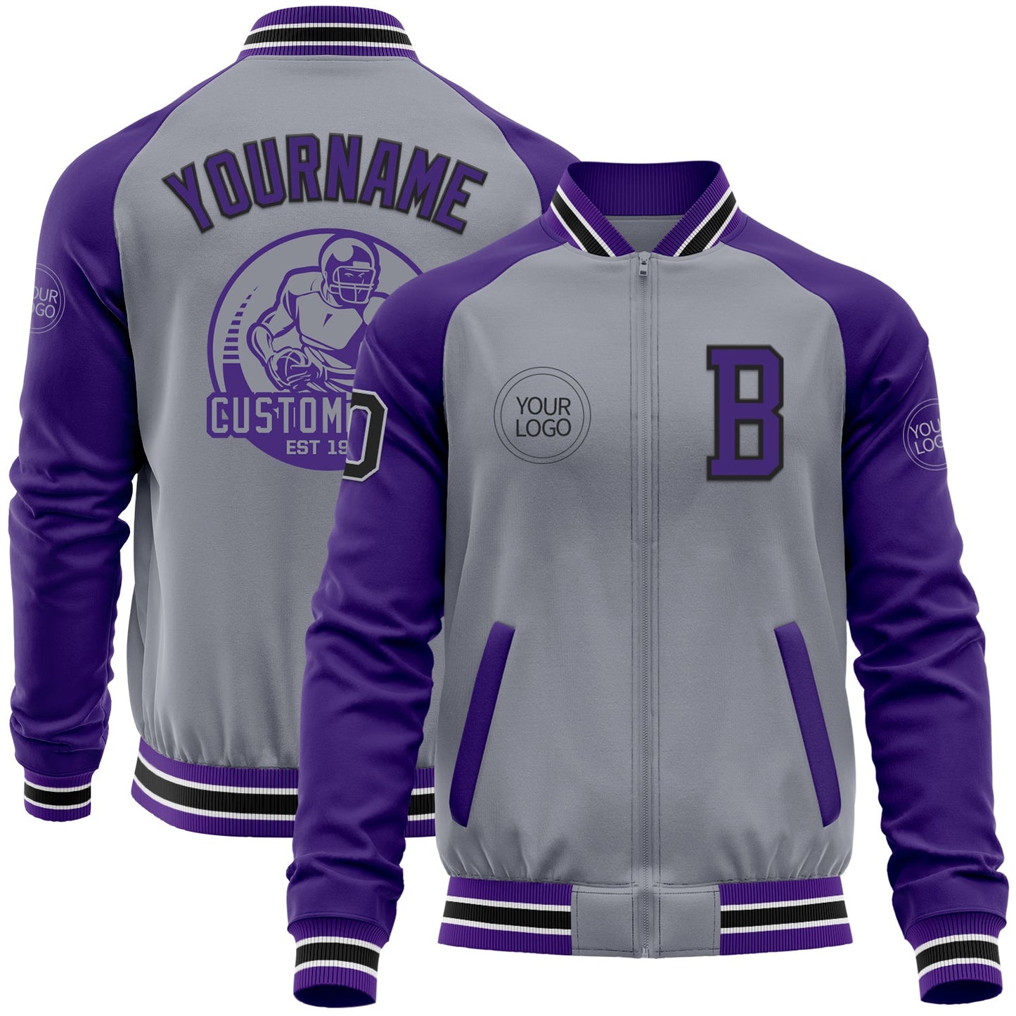 Custom Gray Black-Purple Varsity Letterman Two Tone Zipper Jacket - Main View