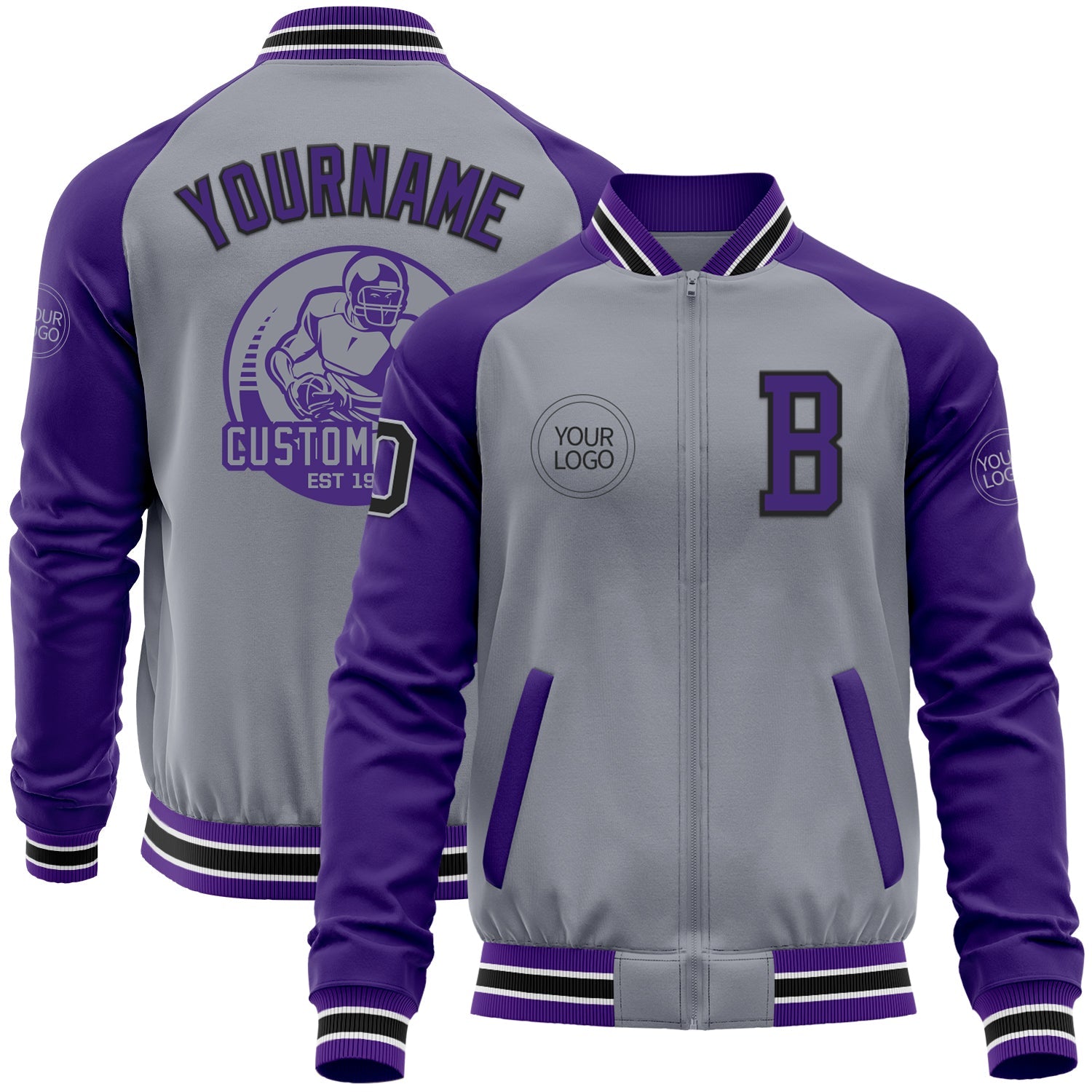 Custom Gray Black-Purple Varsity Letterman Two Tone Zipper Jacket - Main View