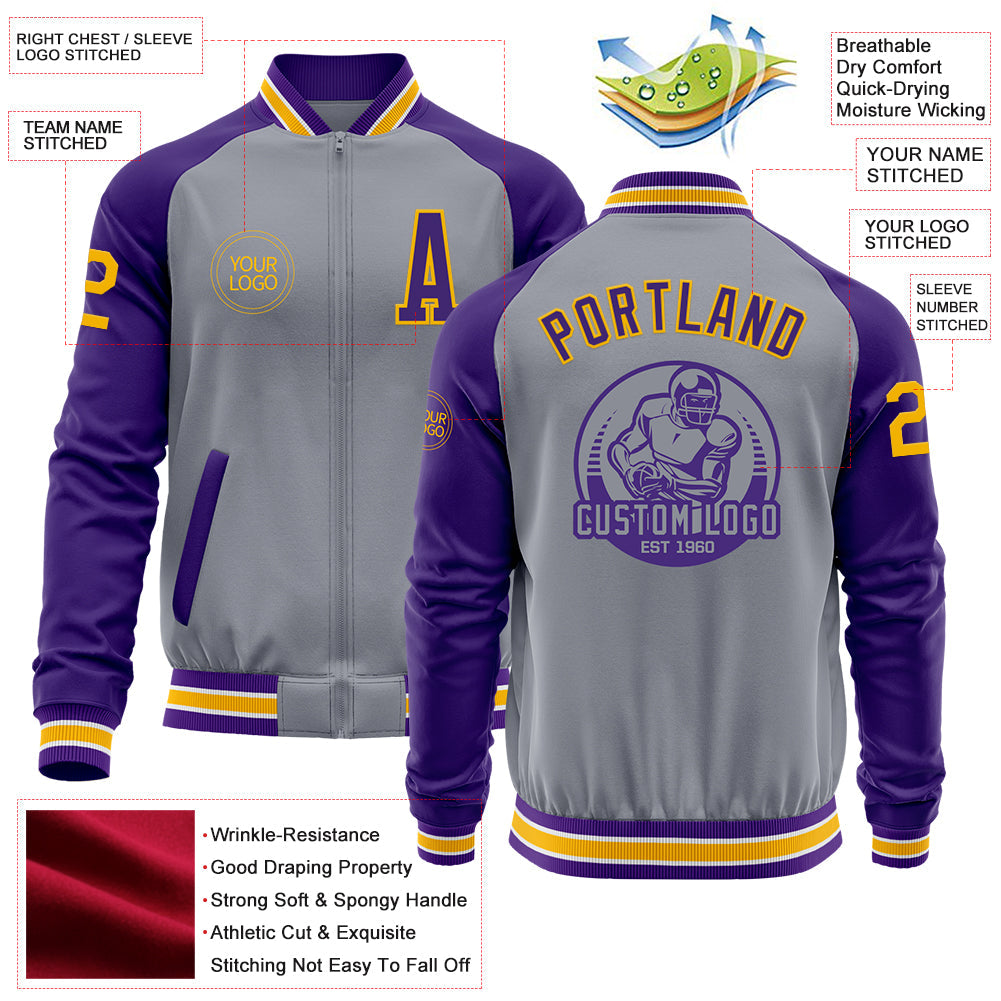 Custom Gray Gold-Purple Varsity Letterman Two Tone Zipper Jacket view 4