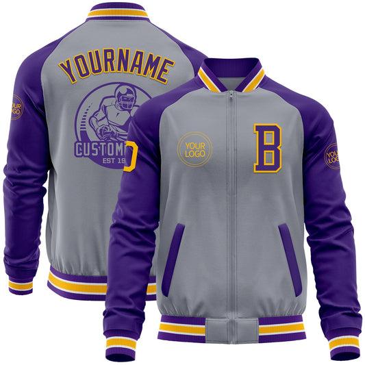 Custom Gray Gold-Purple Varsity Letterman Two Tone Zipper Jacket - Main View