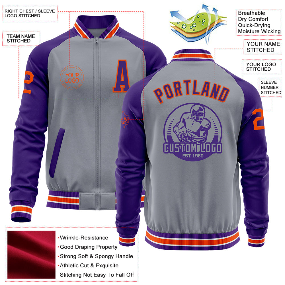 Custom Gray Orange-Purple Varsity Letterman Two Tone Zipper Jacket view 4