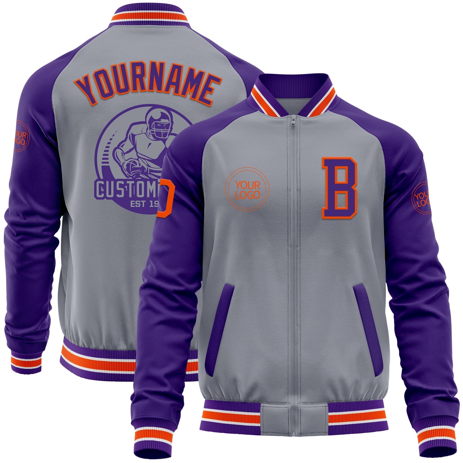 Custom Gray Orange-Purple Varsity Letterman Two Tone Zipper Jacket - Main View