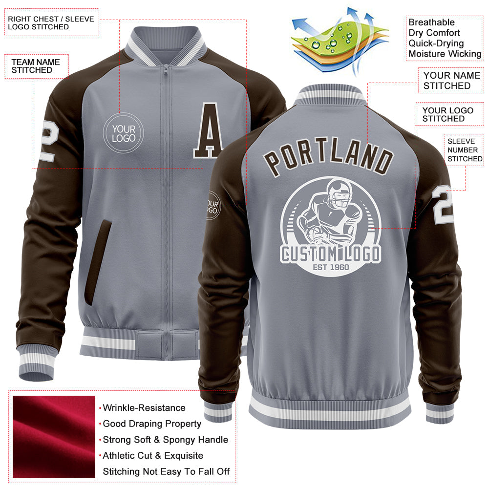 Custom Gray White-Brown Varsity Letterman Two Tone Zipper Jacket view 4