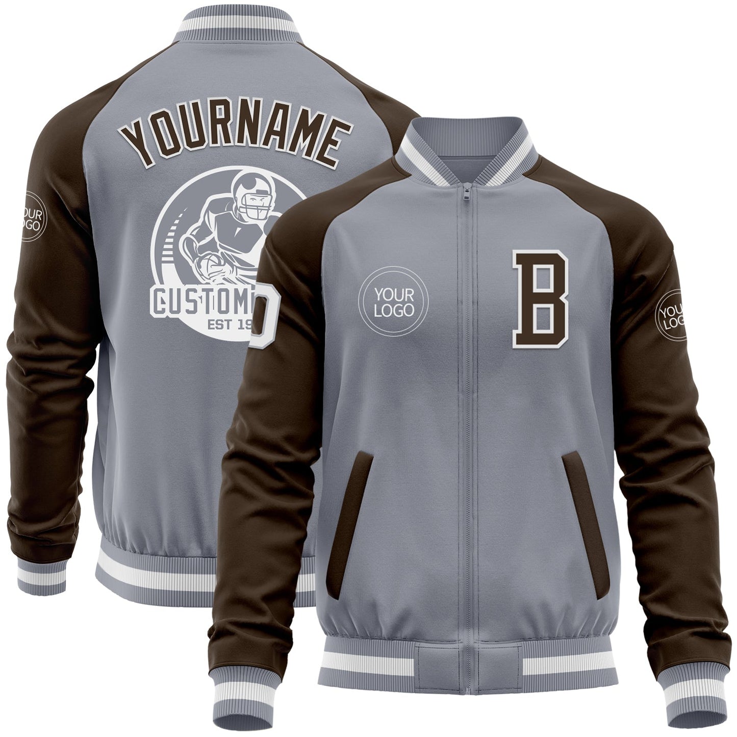 Custom Gray White-Brown Varsity Letterman Two Tone Zipper Jacket - Main View