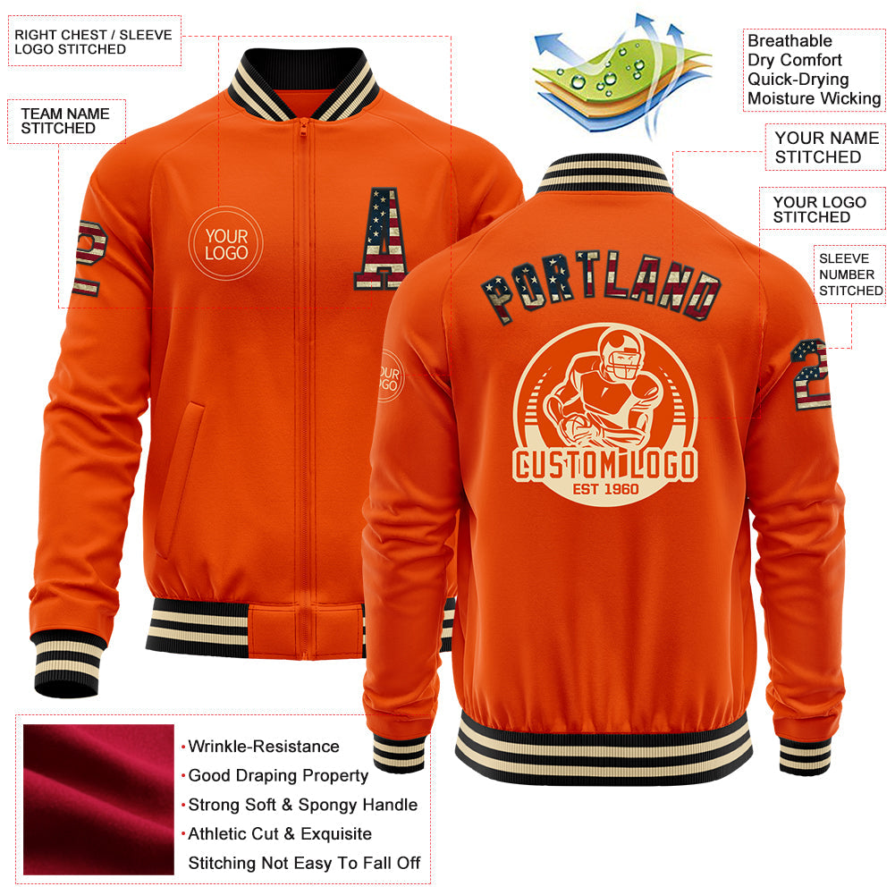 Custom Orange Vintage USA Flag Black-Cream Bomber Varsity Letterman Zipper Jacket view 4