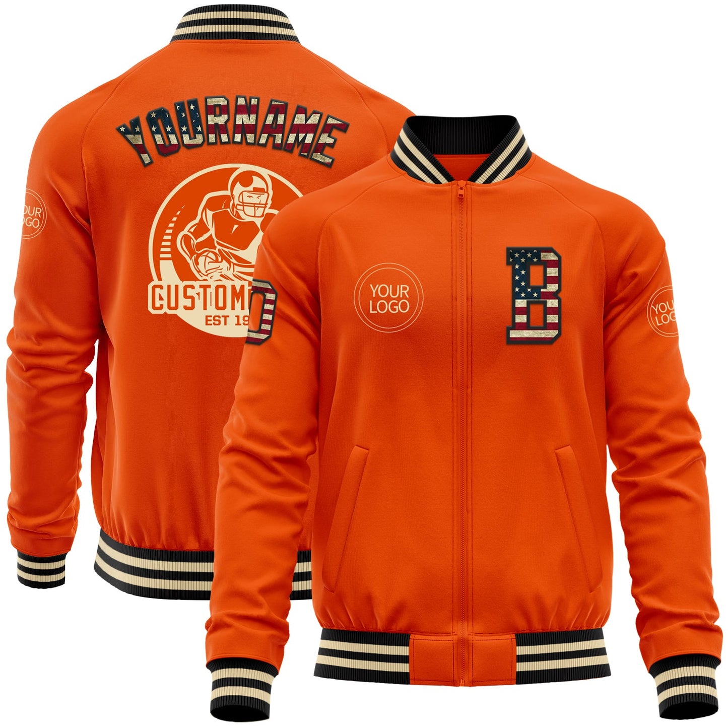 Custom Orange Vintage USA Flag Black-Cream Bomber Varsity Letterman Zipper Jacket - Main View