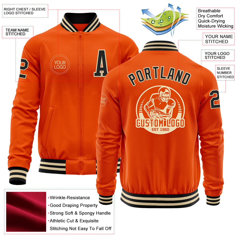 Custom Orange Black-Cream Bomber Varsity Letterman Zipper Jacket view 4