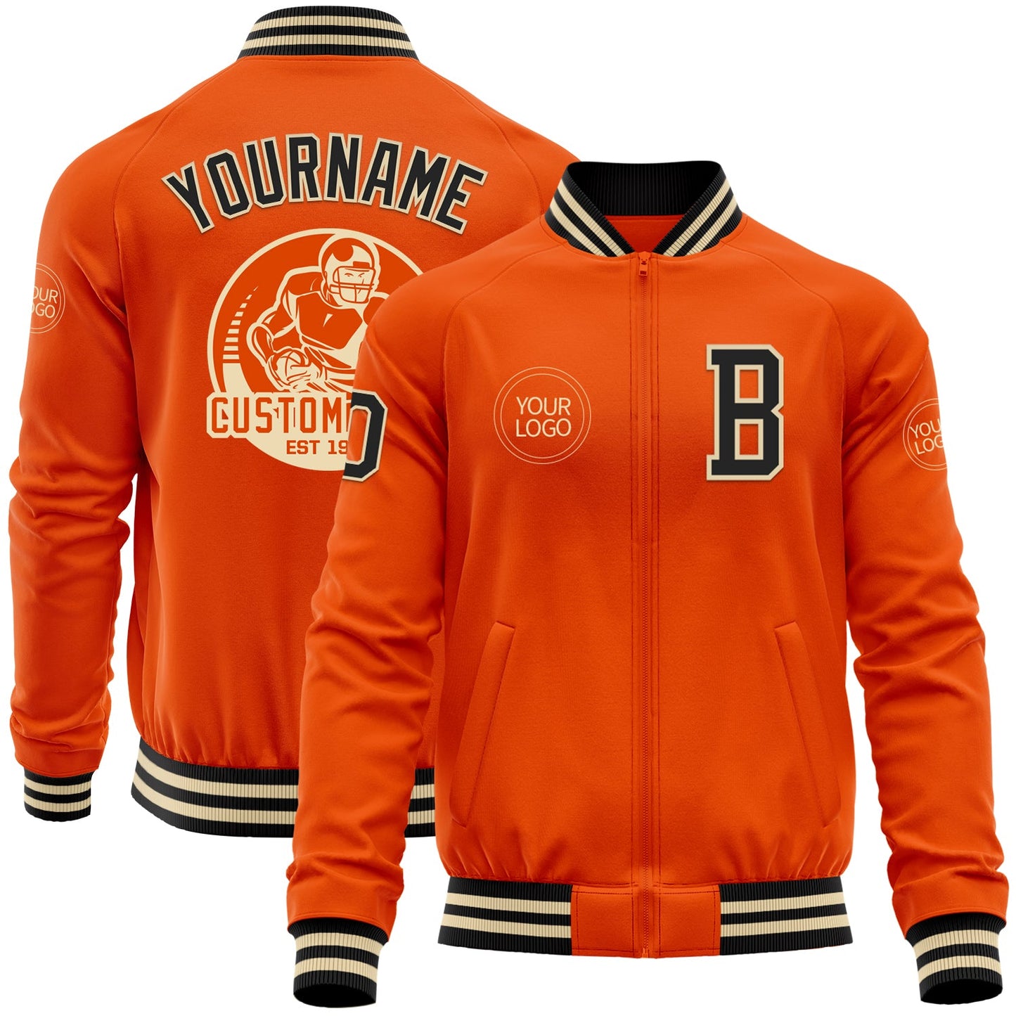 Custom Orange Black-Cream Bomber Varsity Letterman Zipper Jacket - Main View