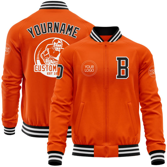 Custom Orange Black-White Bomber Varsity Letterman Zipper Jacket - Main View