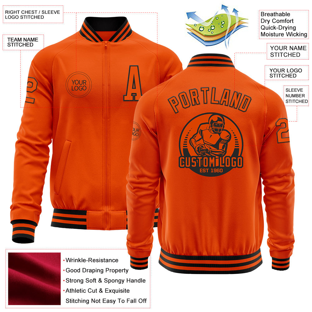 Custom Orange Black Bomber Varsity Letterman Zipper Jacket view 4