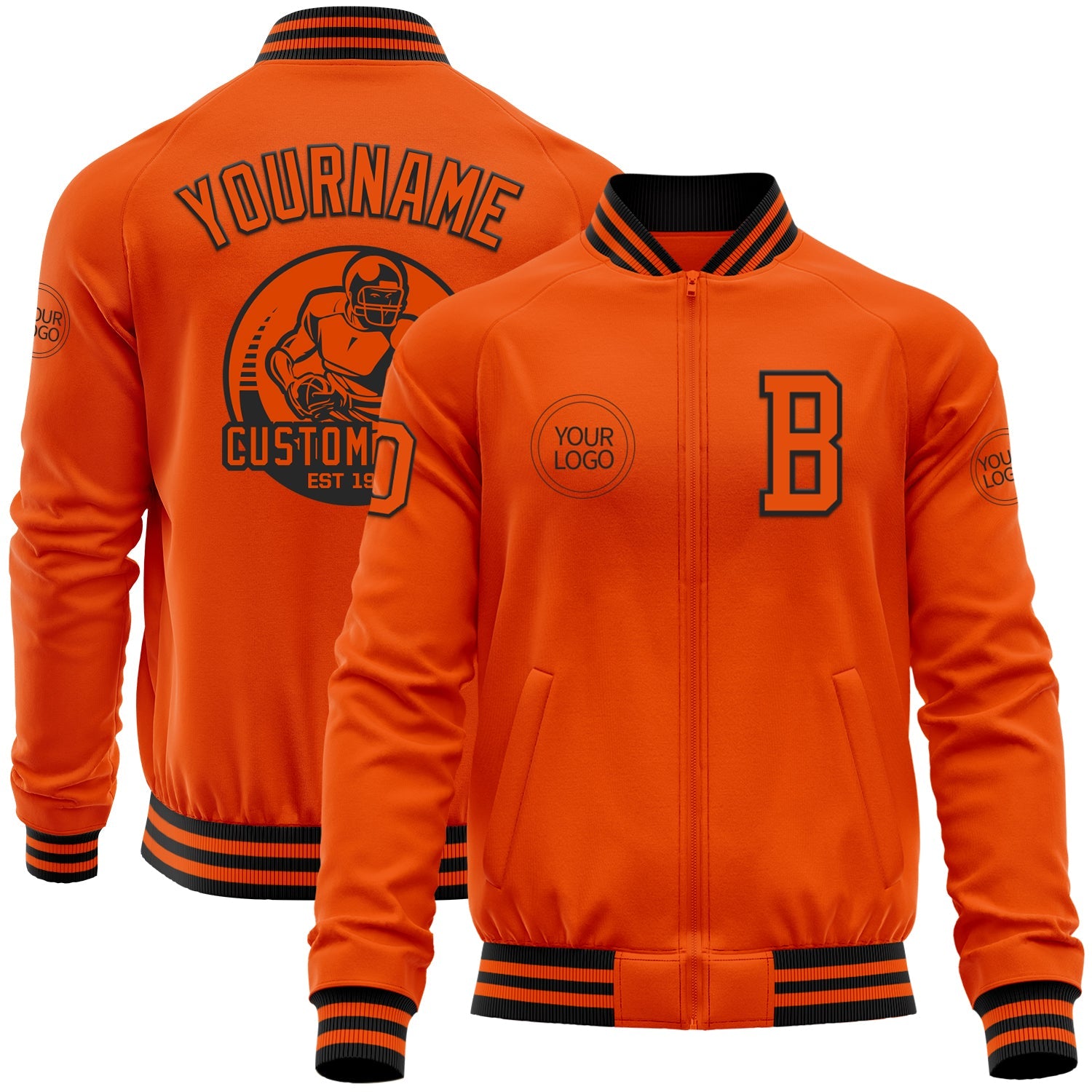 Custom Orange Black Bomber Varsity Letterman Zipper Jacket - Main View