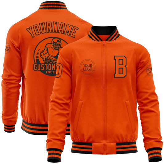 Custom Orange Black Bomber Varsity Letterman Zipper Jacket - Main View