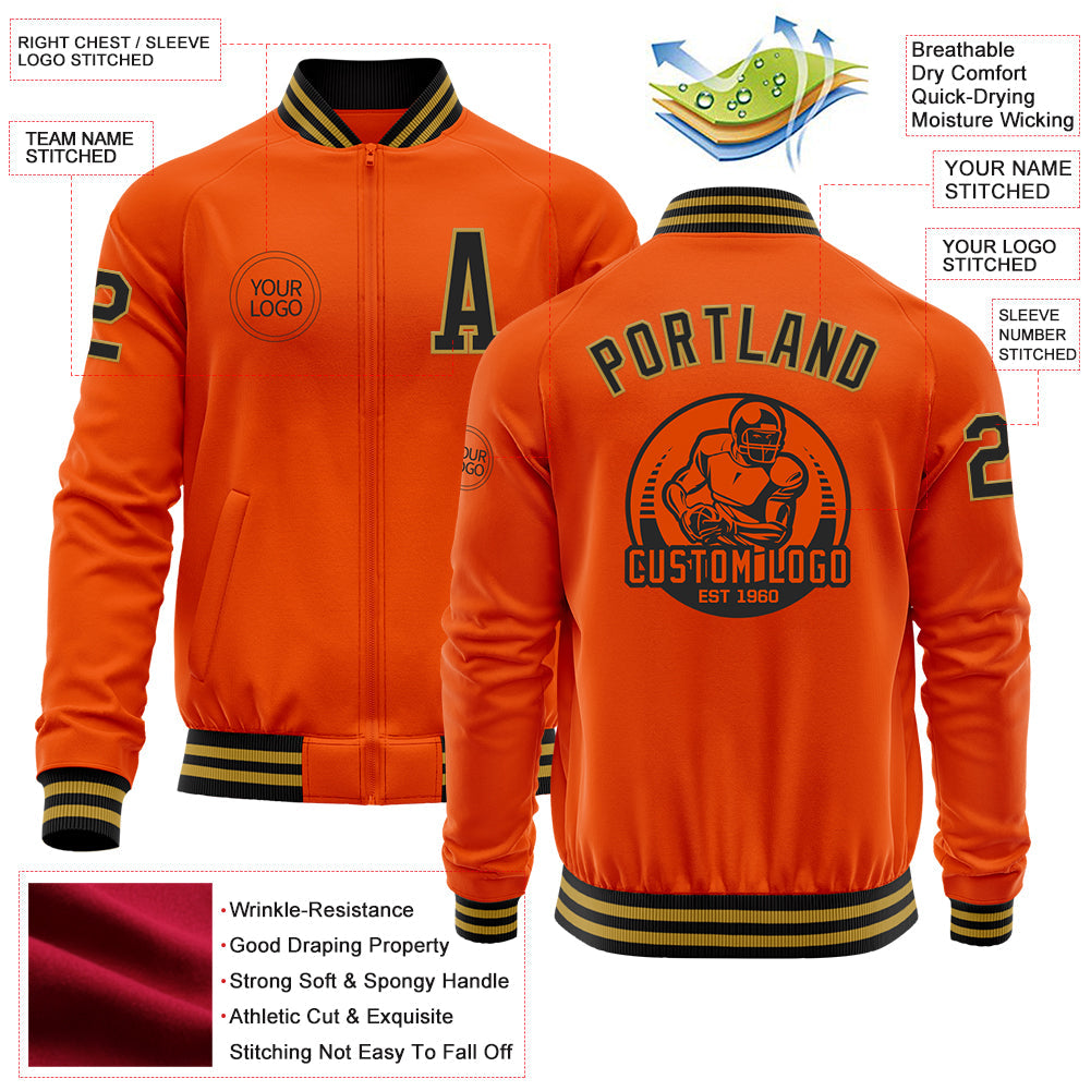 Custom Orange Black-Old Gold Bomber Varsity Letterman Zipper Jacket view 4
