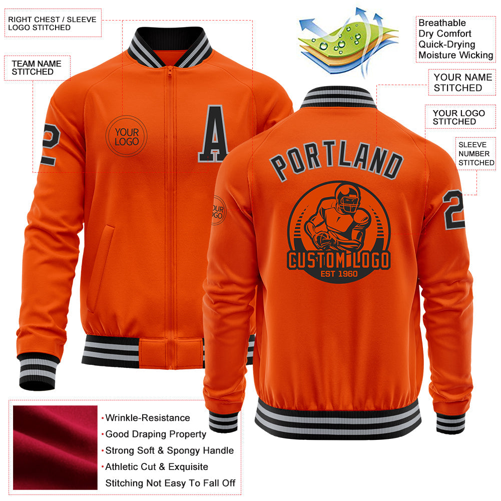 Custom Orange Black-Gray Bomber Varsity Letterman Zipper Jacket view 4