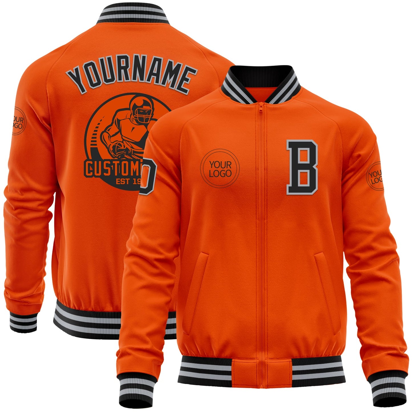Custom Orange Black-Gray Bomber Varsity Letterman Zipper Jacket - Main View