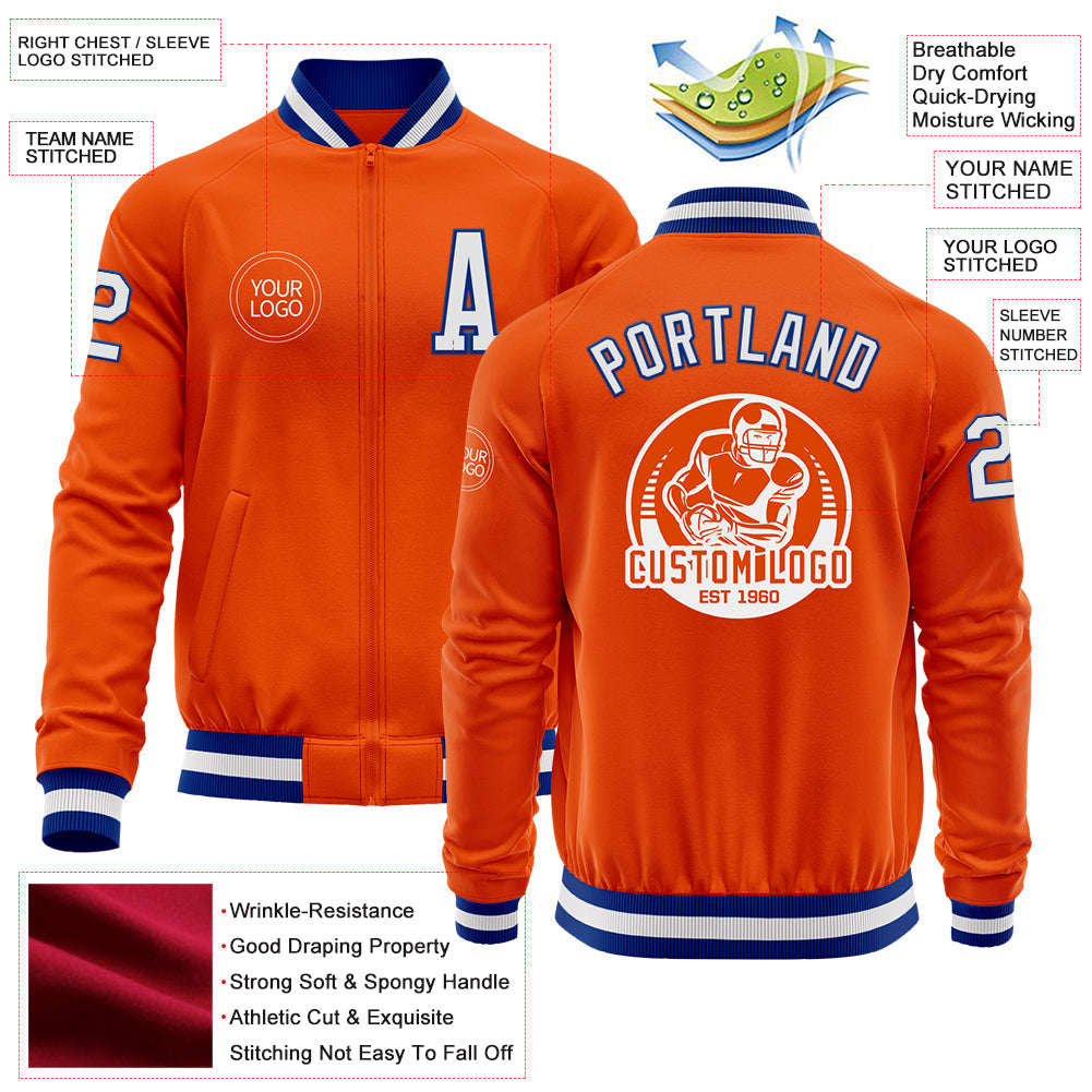 Custom Orange White-Royal Bomber Varsity Letterman Zipper Jacket view 4