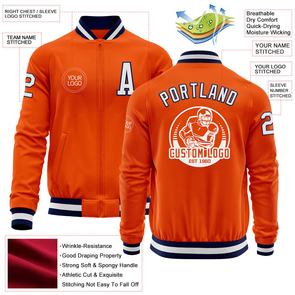Custom Orange White-Navy Bomber Varsity Letterman Zipper Jacket view 4