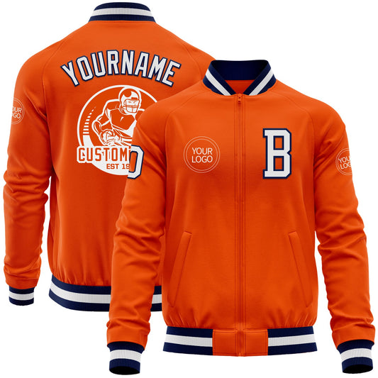 Custom Orange White-Navy Bomber Varsity Letterman Zipper Jacket - Main View