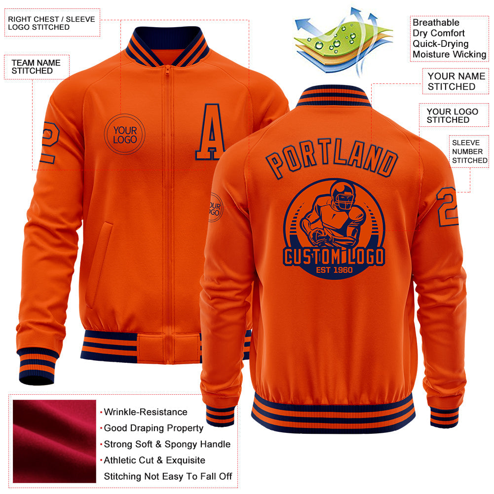 Custom Orange Navy Bomber Varsity Letterman Zipper Jacket view 4