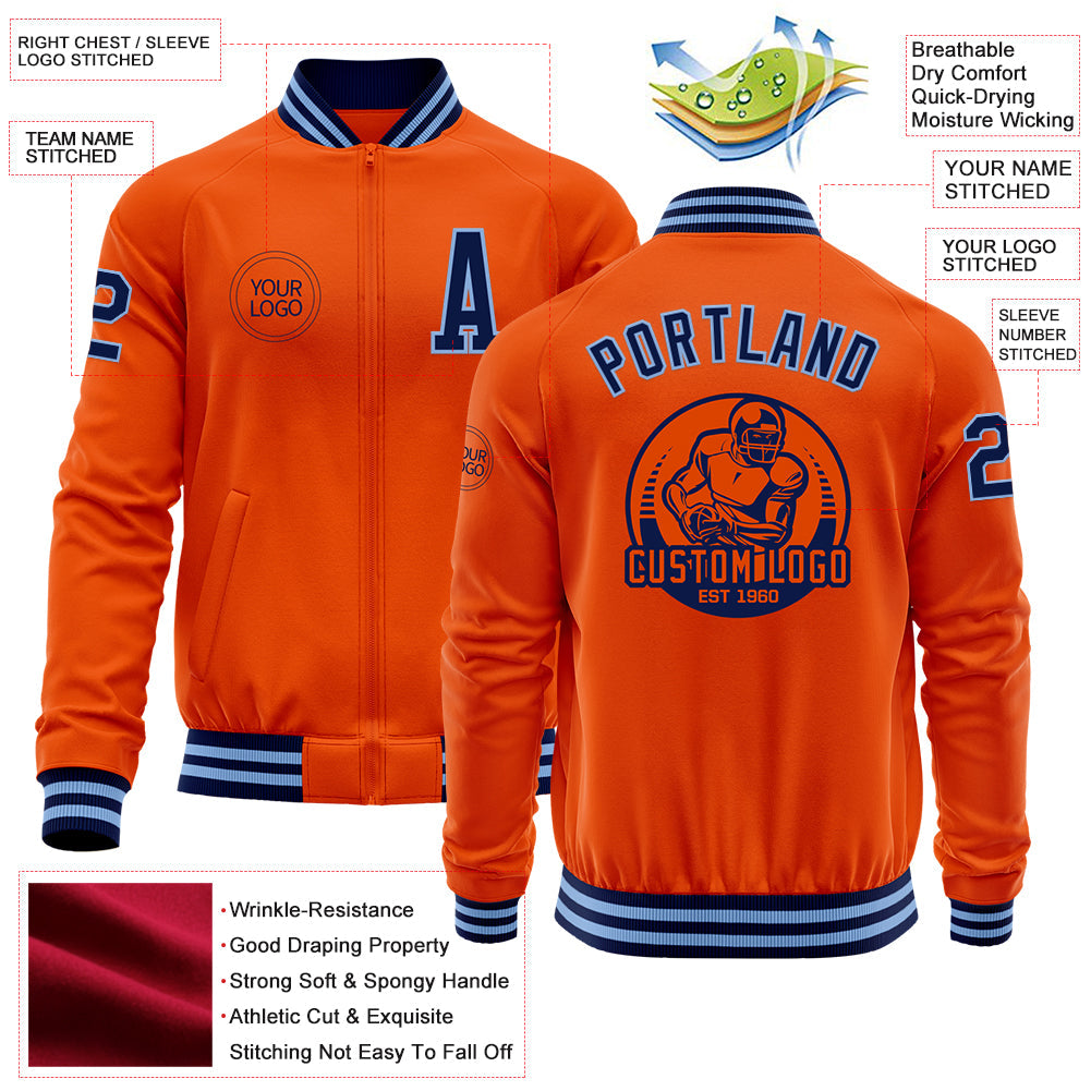 Custom Orange Navy-Light Blue Bomber Varsity Letterman Zipper Jacket view 4