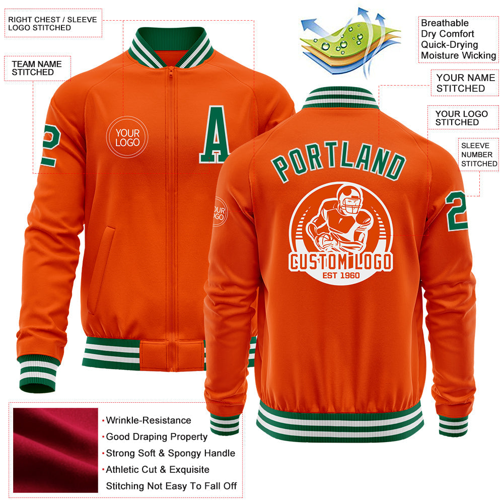 Custom Orange Kelly Green-White Bomber Varsity Letterman Zipper Jacket view 4