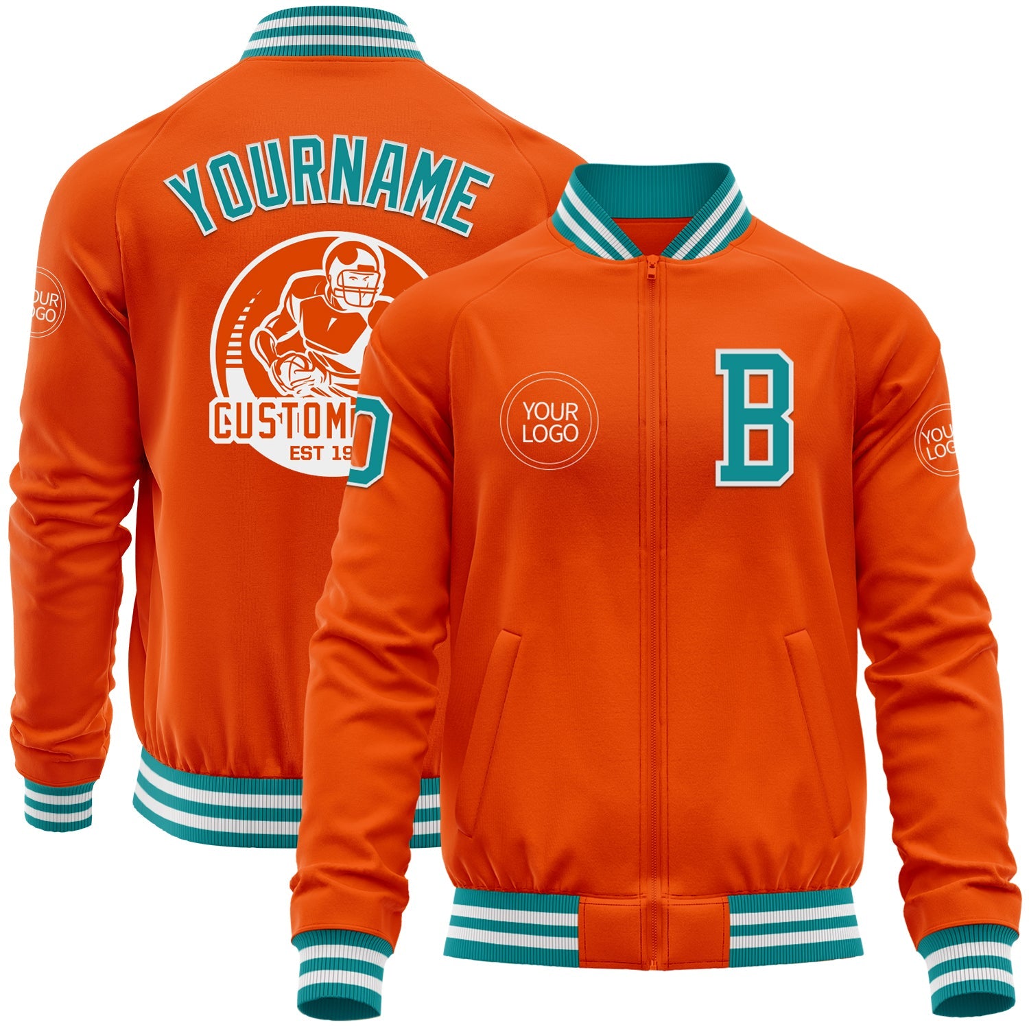 Custom Orange Teal-White Bomber Varsity Letterman Zipper Jacket - Main View
