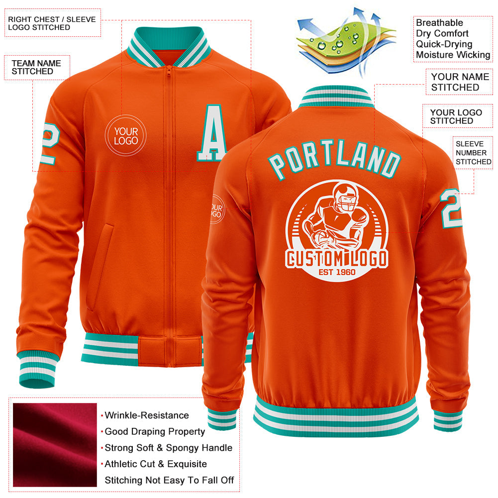 Custom Orange White-Aqua Bomber Varsity Letterman Zipper Jacket view 4