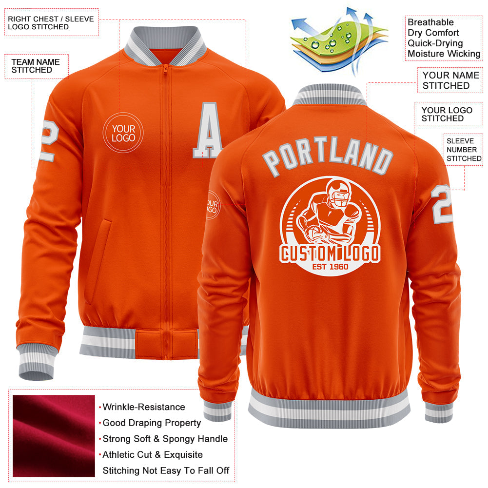 Custom Orange White-Gray Bomber Varsity Letterman Zipper Jacket view 4