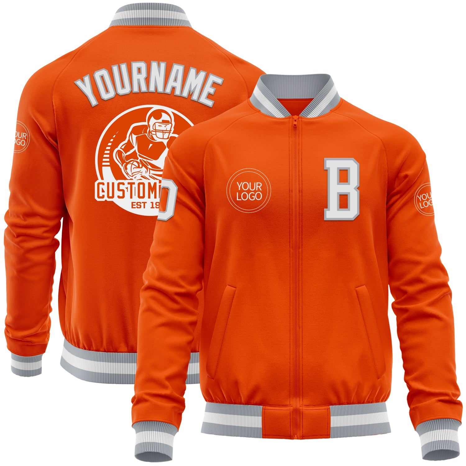 Custom Orange White-Gray Bomber Varsity Letterman Zipper Jacket - Main View