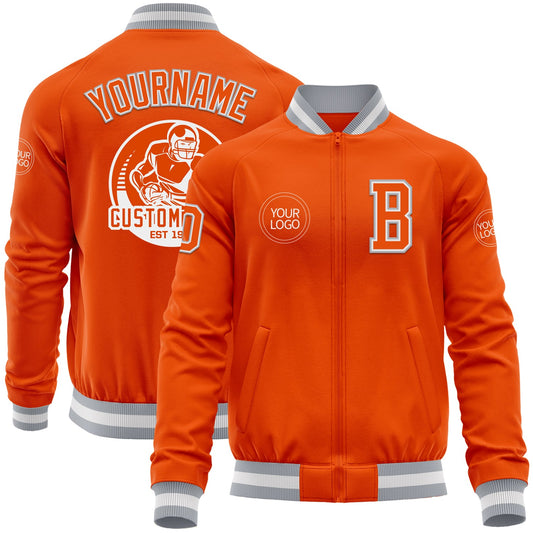 Custom Orange White-Gray Bomber Varsity Letterman Zipper Jacket - Main View