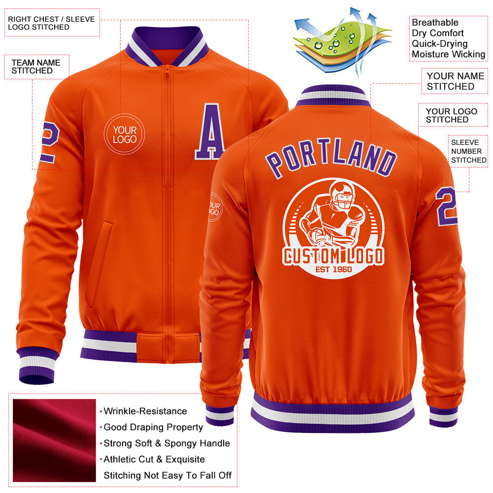 Custom Orange Purple-White Bomber Varsity Letterman Zipper Jacket view 4