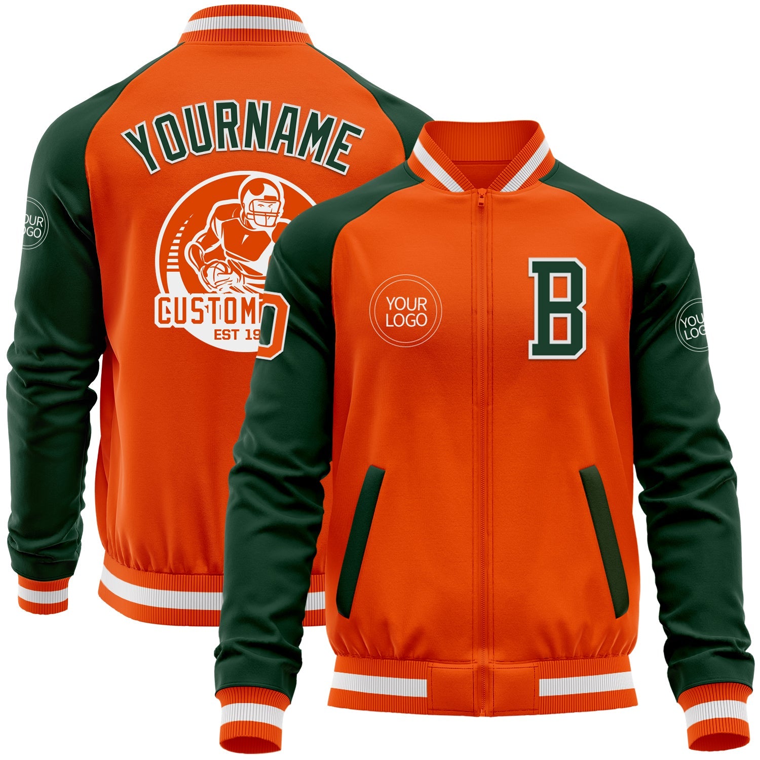Custom Orange White-Green Bomber Varsity Letterman Two Tone Zipper Jacket - Main View