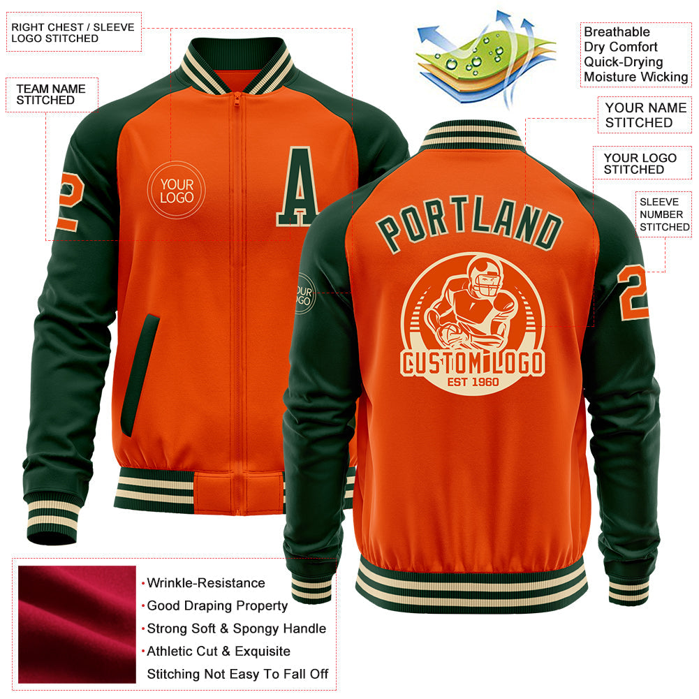 Custom Orange Cream-Green Bomber Varsity Letterman Two Tone Zipper Jacket view 4