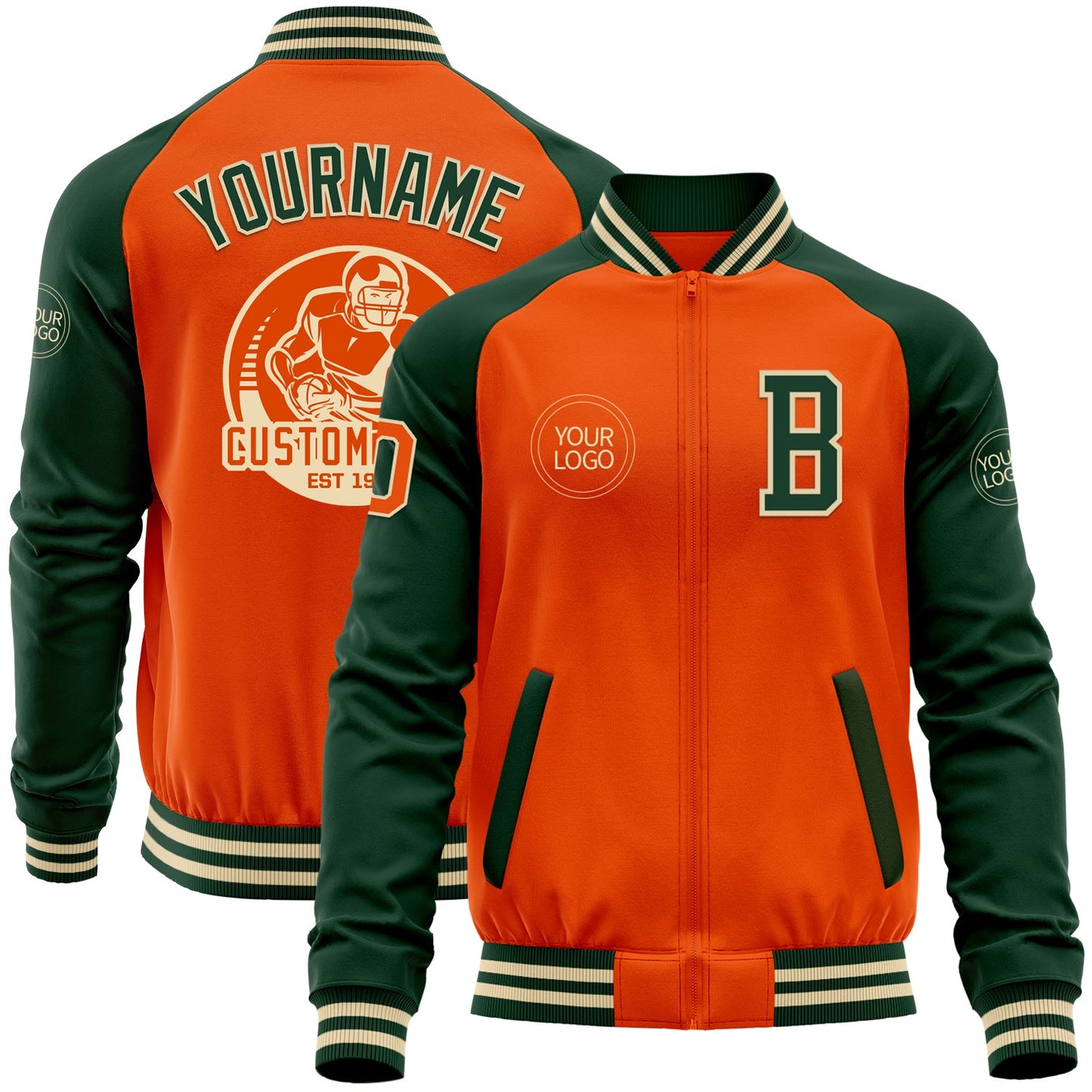 Custom Orange Cream-Green Bomber Varsity Letterman Two Tone Zipper Jacket - Main View