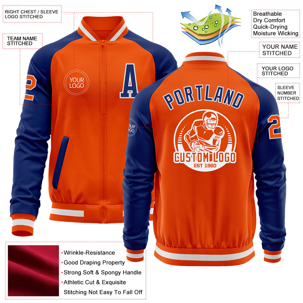 Custom Orange White-Royal Bomber Varsity Letterman Two Tone Zipper Jacket view 4