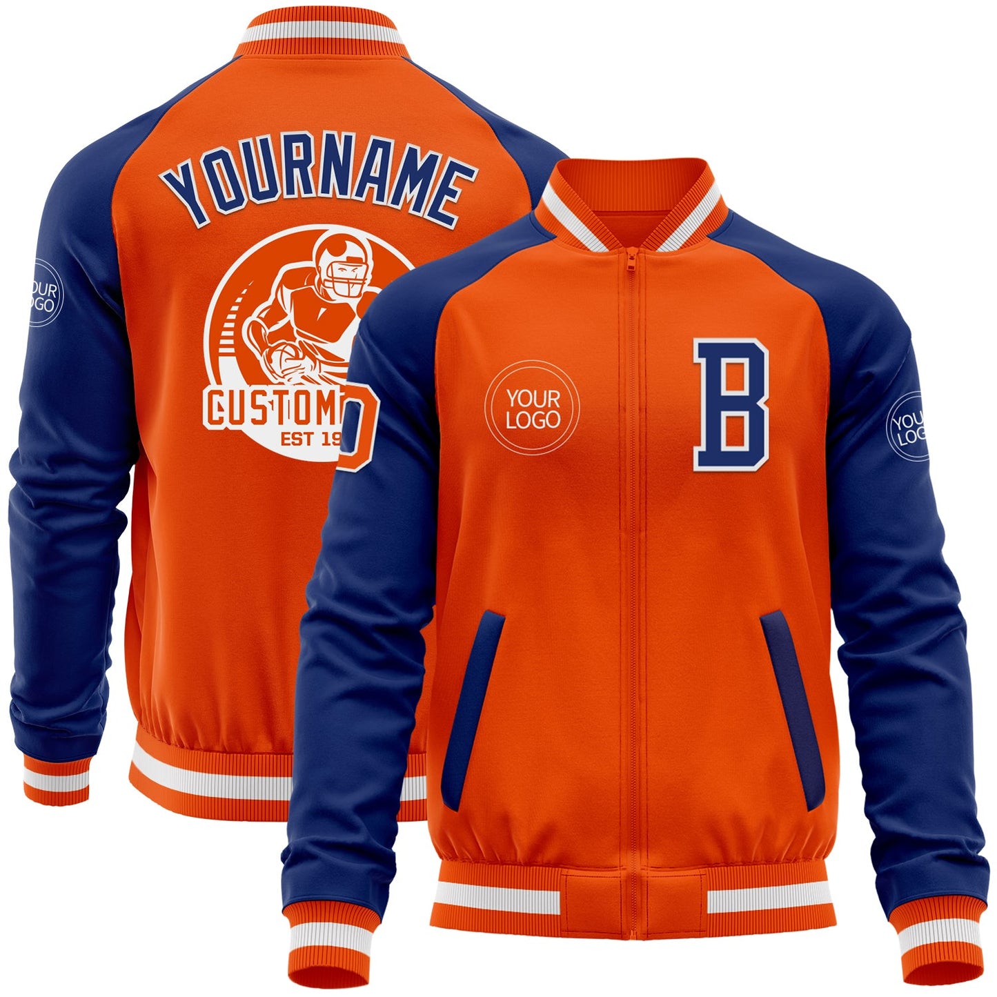 Custom Orange White-Royal Bomber Varsity Letterman Two Tone Zipper Jacket - Main View