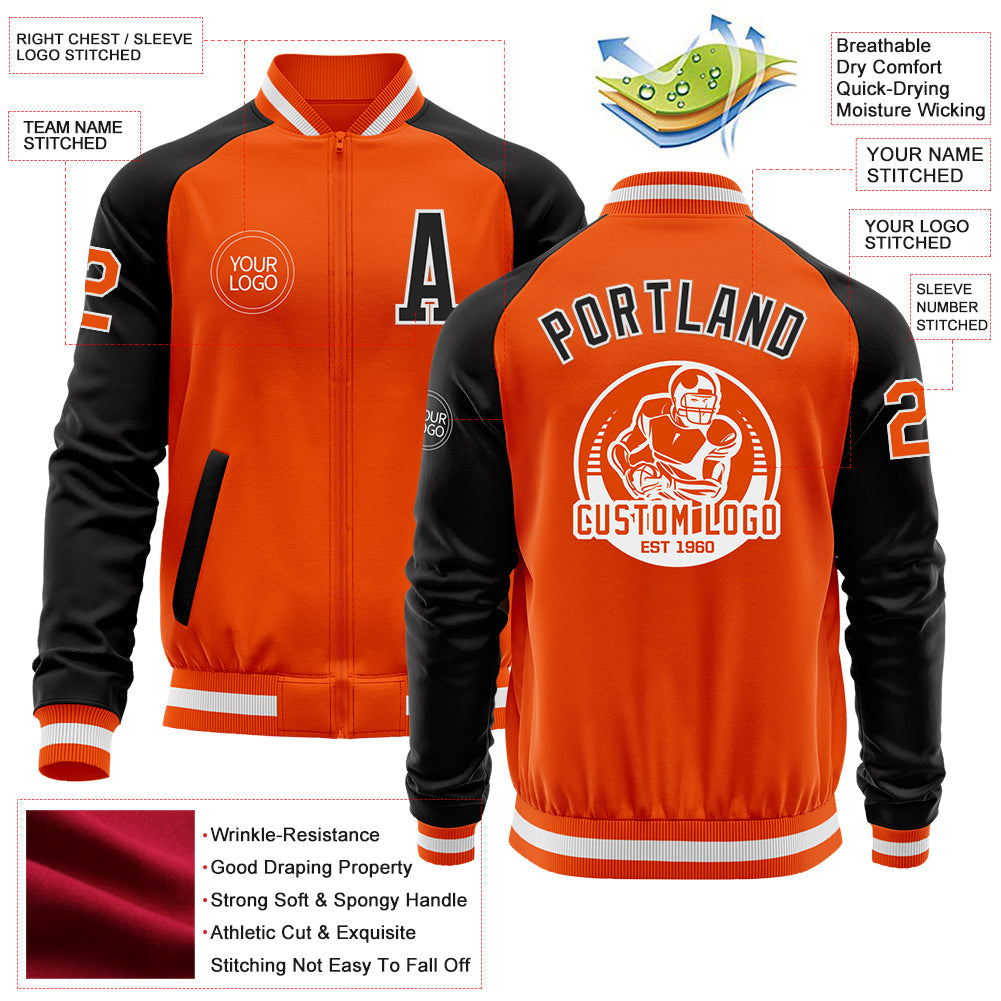 Custom Orange White-Black Bomber Varsity Letterman Two Tone Zipper Jacket view 4