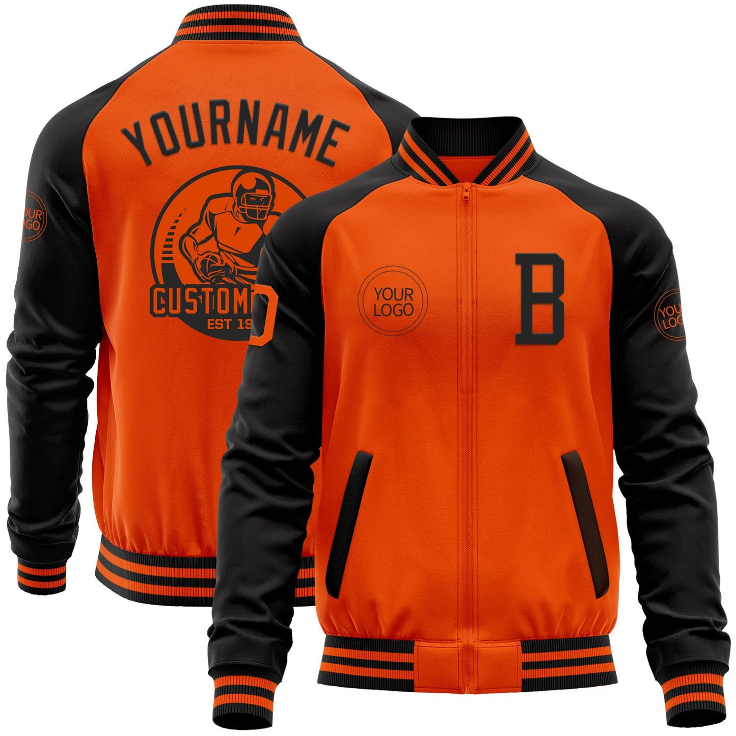 Custom Orange Black Bomber Varsity Letterman Two Tone Zipper Jacket - Main View