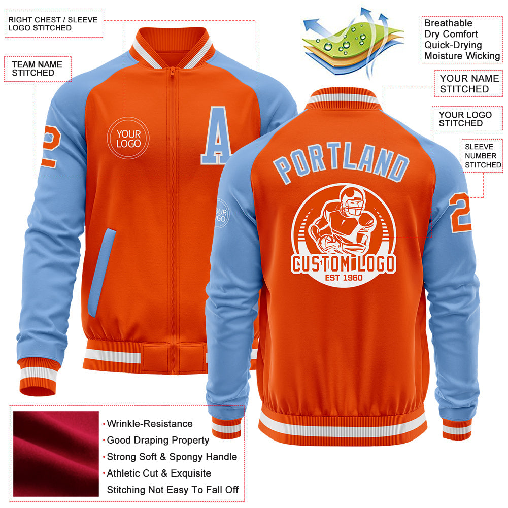 Custom Orange White-Light Blue Bomber Varsity Letterman Two Tone Zipper Jacket view 4